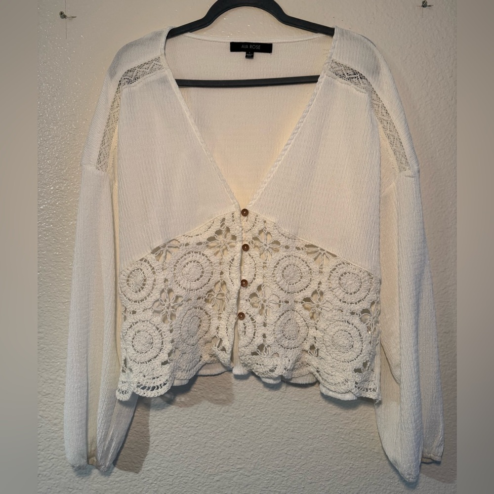 White Crochet-Trim Button Front Women's Top
